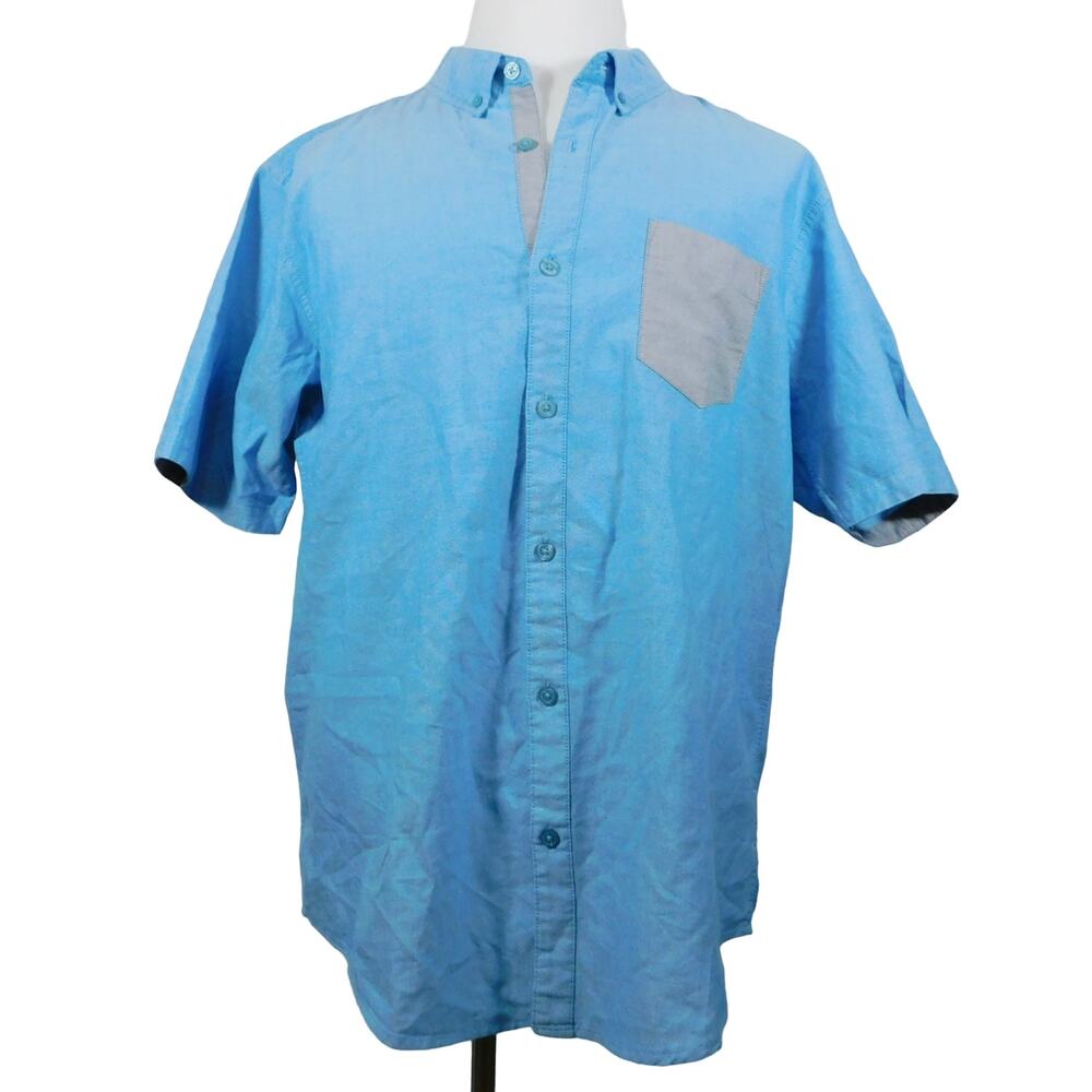 Retrofit Cotton Blue Gray Solid Short Sleeve Button Mens XXL Shirt